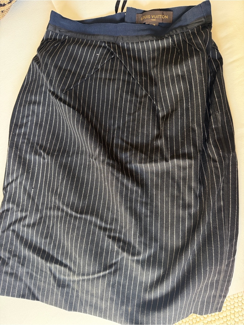 Louis Vuitton Navy Pinstripe Pencil Skirt with White Stripes